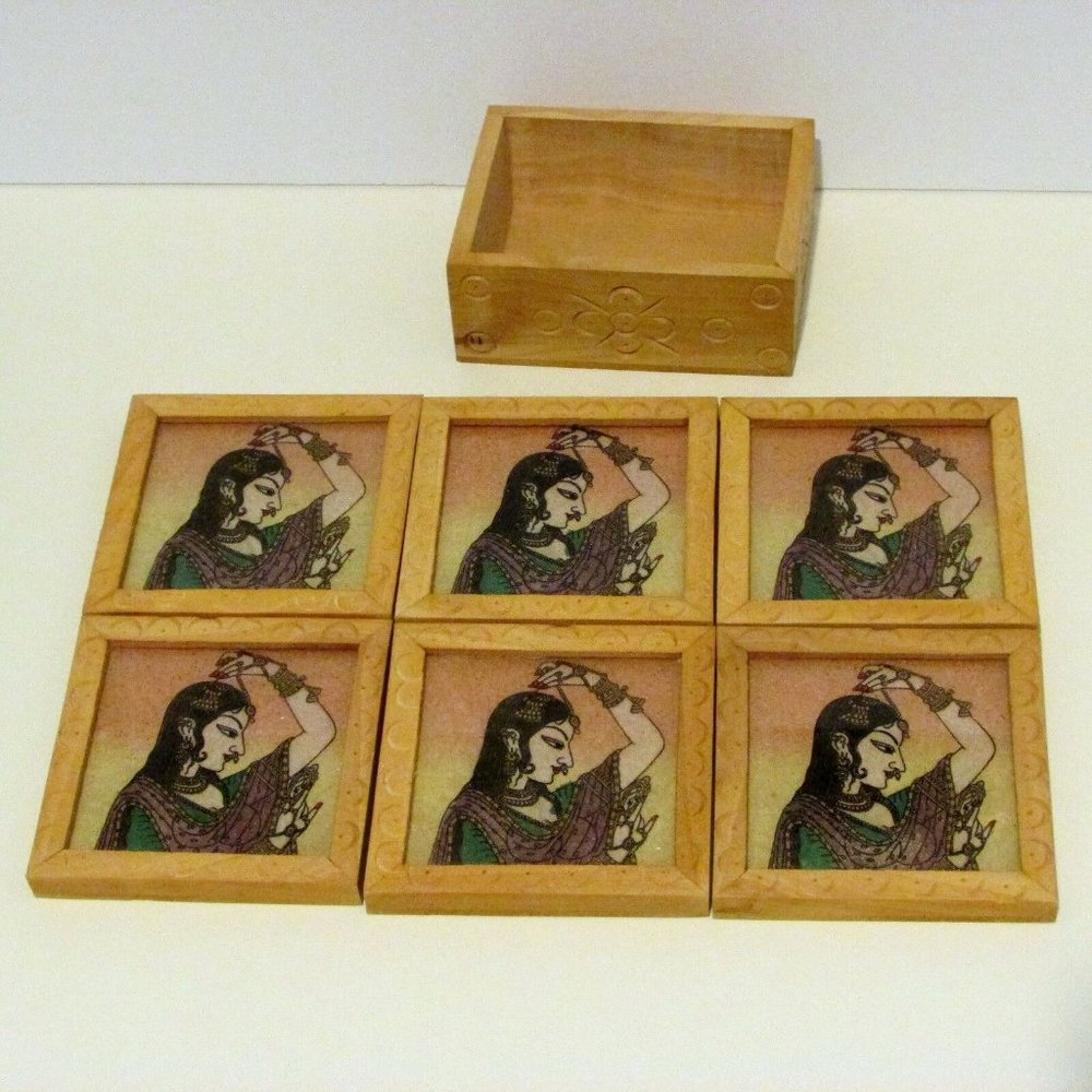 New Drink Coasters & Caddy Set of 6 Rajasthani Style Art Wood Crushed Gemstones